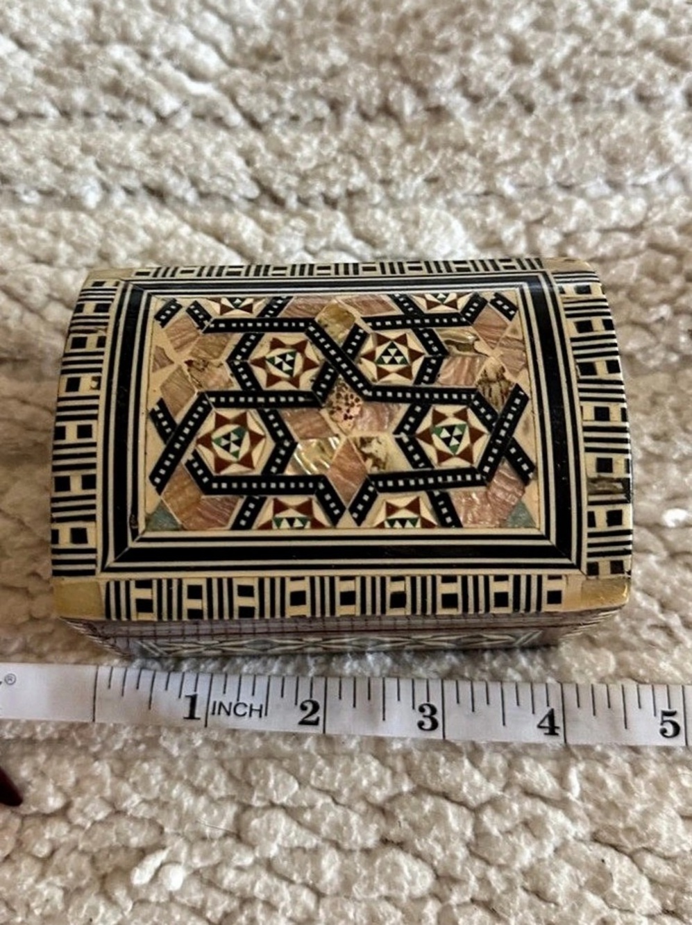 Handcrafted Geometric Mother of Pearl Trinket Box Velvet Lined from Morocco